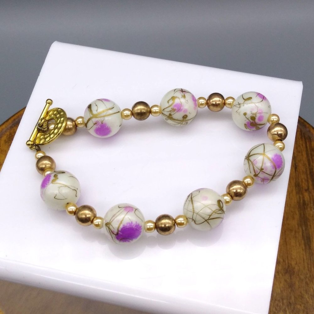 Vintage Abstract Floral Beaded Bracelet, Milk Glass with Purple Flowers and Gold